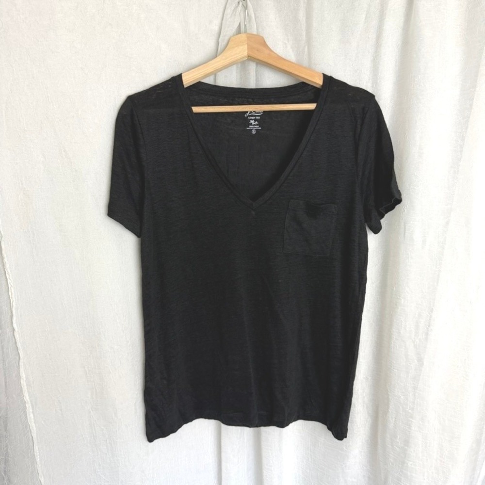J. Crew Linen Tee Women S Black V-neck Short Sleeve Pocket Neutral Basic T-Shirt